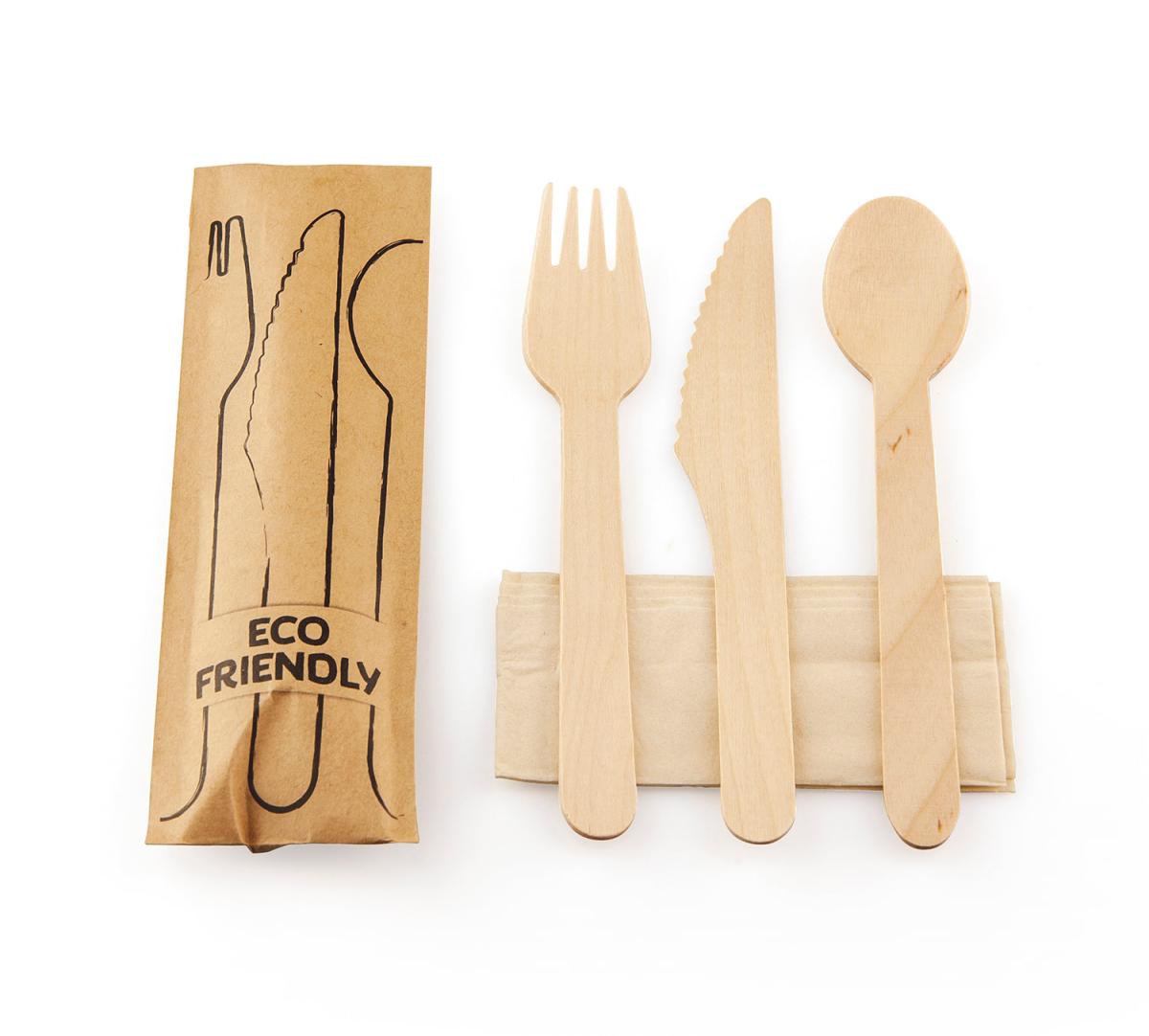 Wooden cutlery pack with fork, spoon, knife, serviette pack of 100